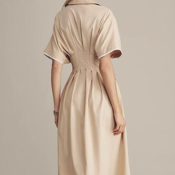 EXQUISE x ANTHROPOLOGIE |  Tobie Shirt Dress Pleated Waist Beige Tan White | XL - Picture 2 of 12